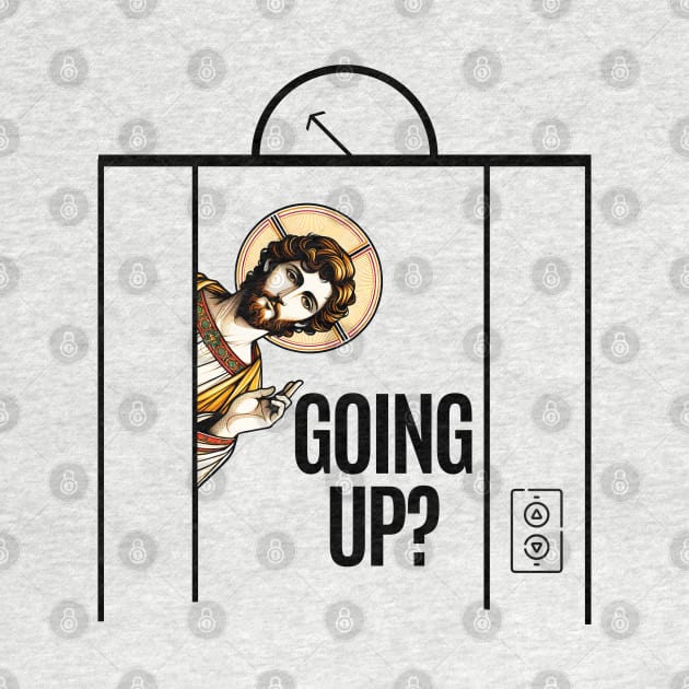 Jesus in Elevator Meme, Going Up? funny design Christ rising risen rizzen up to eternal life, are you joining with Him? by Luxinda